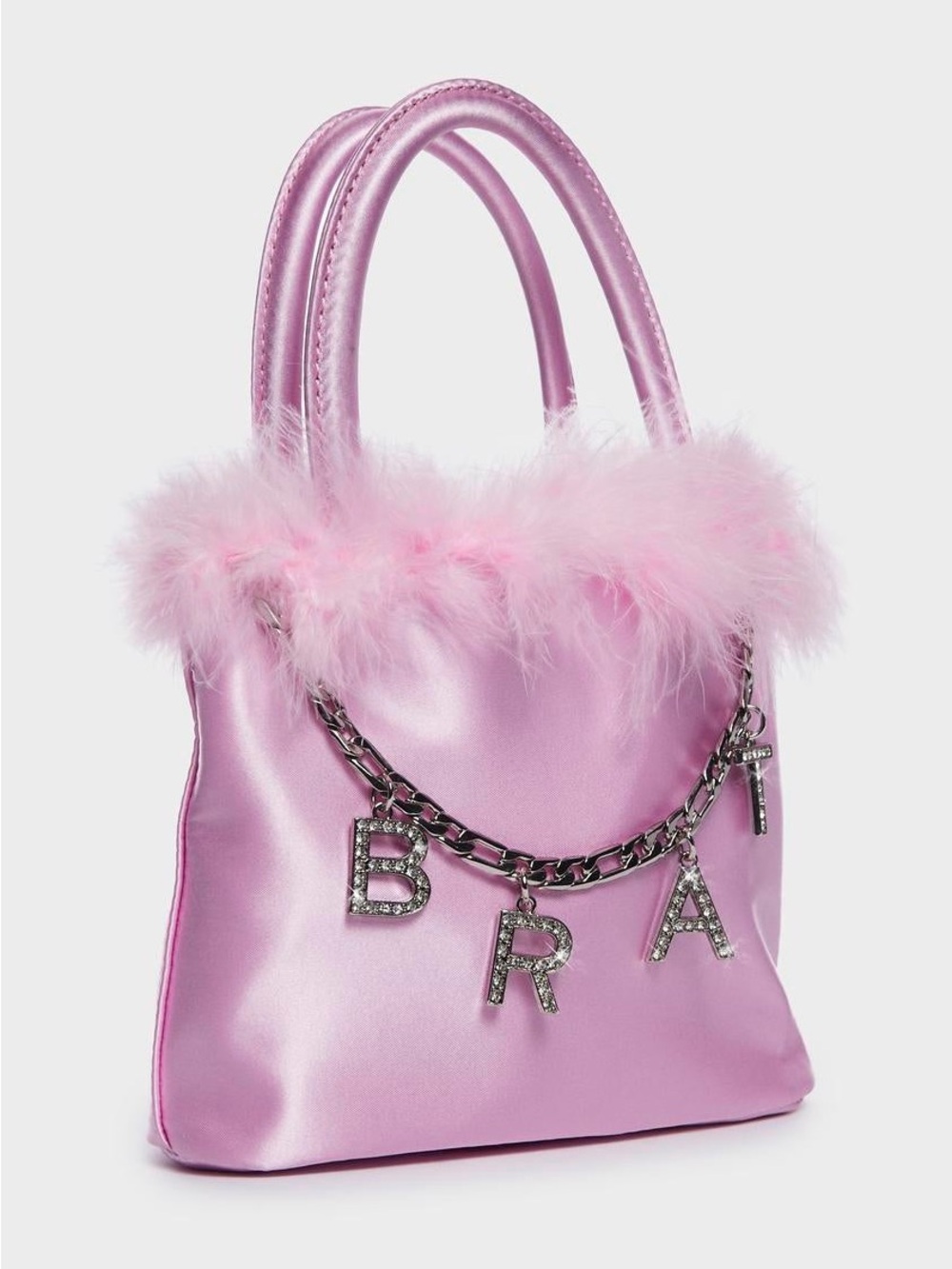 Dolls Kill Pink Satin Feather Trim Tote Bag with Letter Charm